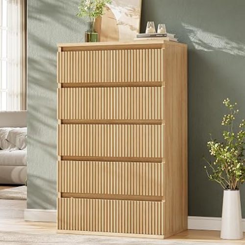 Jocoevol Fluted 6 Drawer Dresser for Bedroom, Modern Wood Chest of Drawers, Tall Storage Dresser with Deep Drawers, Handleless Floor-Standing Dresser for Bedroom, Living Room, Entryway, Natural Oak