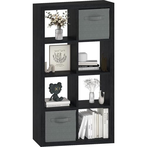 Bookshelf Cube Storage Organizer, 8-Cube Shelf Bookcase with Storage Bin, Modern Wood Open Shelf for Living Room, Bedroom, Home Office,Black