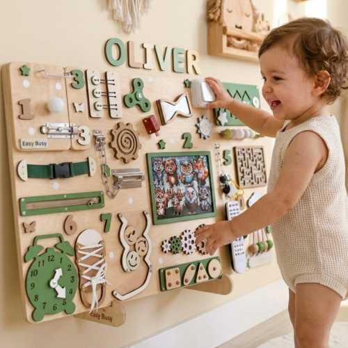 Magnetic busy board for toddler, Montessori educational sensory toys, activity wall board, personalized large baby boy girl gift Name Puzzle