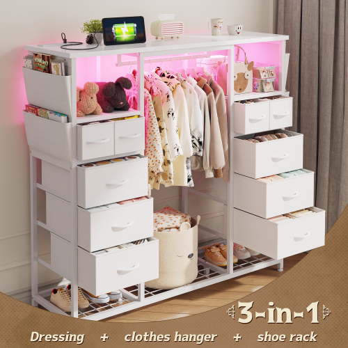 Enhomee White 10 Drawers Dresser for Bedroom with Hanging Rack Storage Cabinet with Led Lights & Charging Station