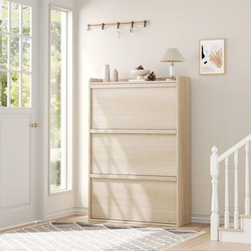 Shoe Cabinet with 3 Flip Drawers, Shoe Storage for Entryway, Wooden Shoe Organizer Cabinet, Hidden Shoe Rack for Hallway, Living Room, Natural