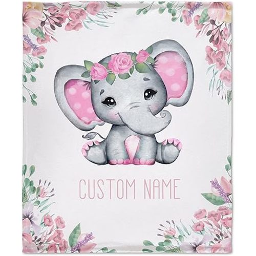 Personalized Custom Baby Blanket with Name Pink Floral Elephant Customized Fleece Blanket for Girls Boys Children Kid Baby Shower Birthday Gift for Daughter Granddaughter Niece 40"x30"