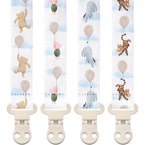 Stadela Baby Pacifier Clip Holder - Girl or Boy Unisex Neutral 4 Pack Gift Set – Vintage Classic Winnie Teddy Bear and Friends