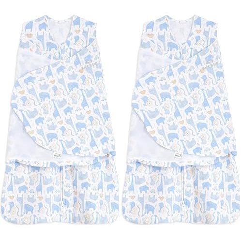HALO 100% Cotton Sleepsack Swaddle, 3-Way Adjustable Wearable Blanket, TOG 1.5, Blue Safari, Newborn, 0-3 Months (Pack of 2)