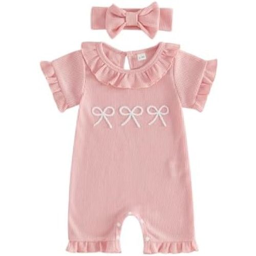 Infant Baby Girl Outfit Bow Embroidery Rufffle Collar Short Sleeve Romper Waffle Knit Jumpsuit Summer Clothes Headband