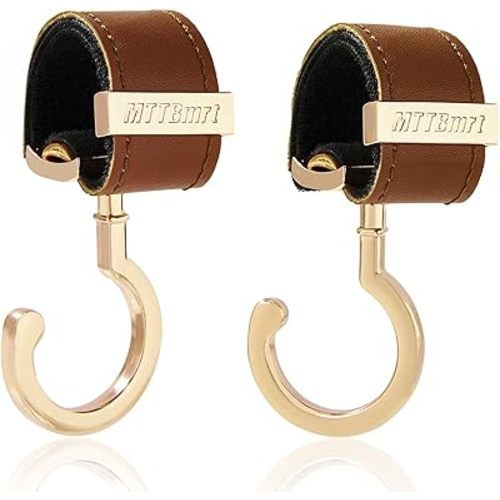 2 Pack Stroller Hooks,Strong Synthetic Leather Hook-and-Loop Fastener&High-Quality Metal Hooks,Universal Bag Clip|360° Rotation, 66lb Capacity,Non-Slip-Fits Wheelchair(Brown-Gold)