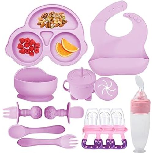Silicone Baby Feeding Set,Miicasa Baby Led Weaning Supplies Kit With Suction Bowl & Car Plate, Bib, Spoon, Fork, Cup - Food-Grade Silicone, Dishwasher-Safe, No BPAs - For 3+ Months