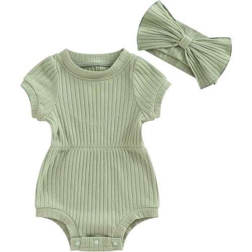 FOCUSNORM Baby Girl Summer Clothes Ribbed Short Sleeve Romper Solid Color Bodysuits Bow Headband Outfit Newborn Girl Jumpsuit