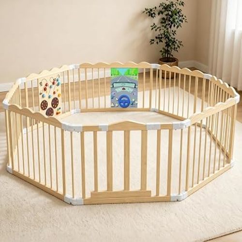 Wooden Baby Playpen with Toy 69x69In Foldable Toddler Fence with Safe Lock