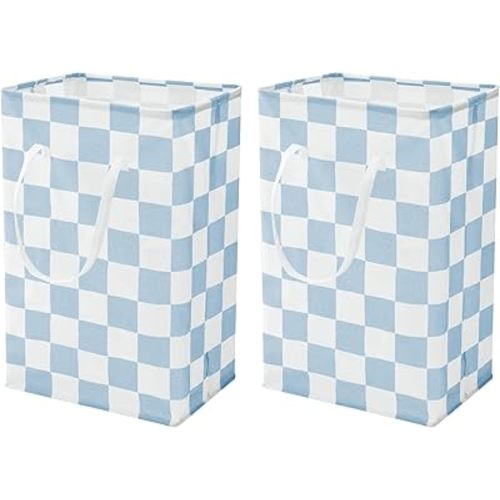 Checkered Laundry Hamper, Pack of 2, Large Pastel Blue Collapsible Cloth Hampers Basket for Storage Organization Cute Aesthetic, 2 x 75L