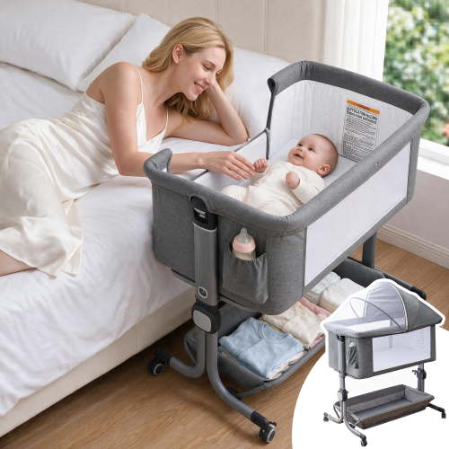 Vipuse Baby Bedside Bassinet,6 Height Adjustable Crib with Mosquito Net&Storage&Lockable Wheels for Newborns Infants,Light Grey