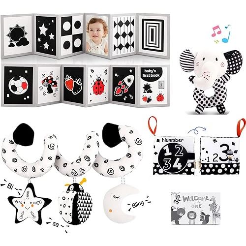 High Contrast Baby Toys for Newborn, Black and White Baby Sensory Toys for 0-6-12 Months Brain Development, Montessori Infant Toys for Baby Boy Girl Shower Gifts