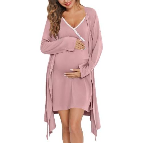 SWOMOG Womens Maternity Robe 2 Piece Nursing Nightgown for Breastfeeding 3 in 1 Labor Delivery Nursing Dress Lace Bathrobe