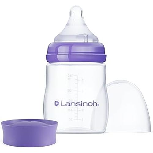 Lansinoh Anti-Colic Baby Bottle for Breastfeeding Babies, 5 Ounces, 1 Count, Includes 1 Slow Flow Nipple, Size S and Stackable Lid
