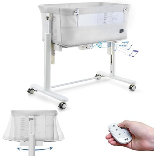 Rocking Bassinet for Baby Automatic Bedside Crib Electric Cradle 5 Heights Adjustable Bedside Sleeper for Babies Infant Smart Auto Rocking Crib 3 in 1 Bassinet on Wheels, Dark Grey