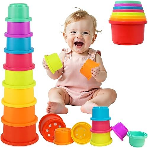 WEEJOYGAM Stacking Cups Baby Toys 6 to 12 months, Nesting Stacking Toys for Toddlers 1-3, Learning Montessori Toys for 1 Year Old Boy Girl Gifts, Sensory Color Sorting Bath Pool Beach Stackable Blocks