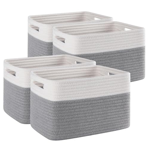 4 Pack Storage Baskets for Organizing, Woven Baskets for Shelves - Perfect for Toys, Books, Towels, and Clothes, Durable Gift Basket Bins Toy Storage, 12.7''L x9''W x7.8''H, Grey and White
