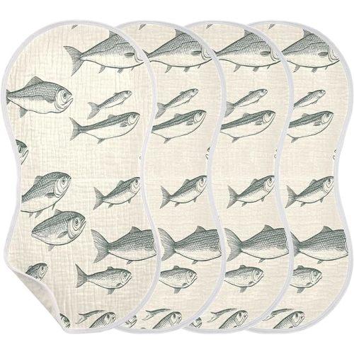 Muslin Baby Burp Cloths Set of 4 - Fish Super Absorbent Cotton Burping Rags Soft Baby Washcloths for Newborn Boys Girls, 11 x 22 Inch