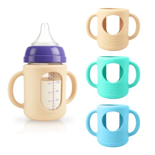 3-Pack Silicone Sleeves for New Lansinoh & Pigeon Glass Baby Bottle 5 oz | BPA-Free Drop-Resistant Baby Bottle Sleeves with Handles, Compatible with New Lansinoh & Pigeon Glass Bottles