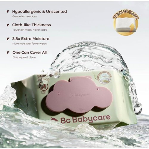 Bc Babycare Cloud Moist Baby Wipes, Thick & XL, 99% Water, Ultra-Hydrating, Unscented, Hypoallergenic for Sensitive Skin, Biodegradable, 12 Flip-Top, 960 Count