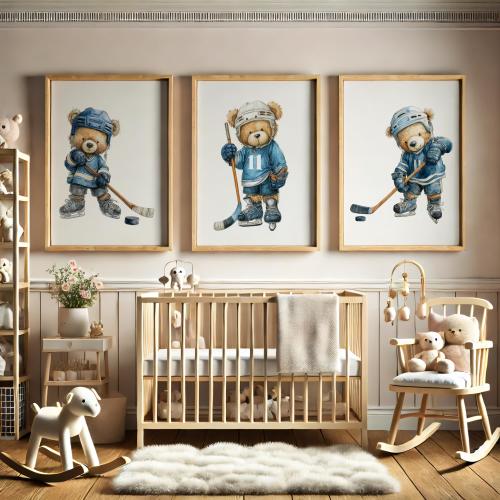Watercolor Ice Hockey Nursery Prints, Personalized Boys Room Sports Decor, Teddy bear prints, Framed Hockey Gift, Vintage Art