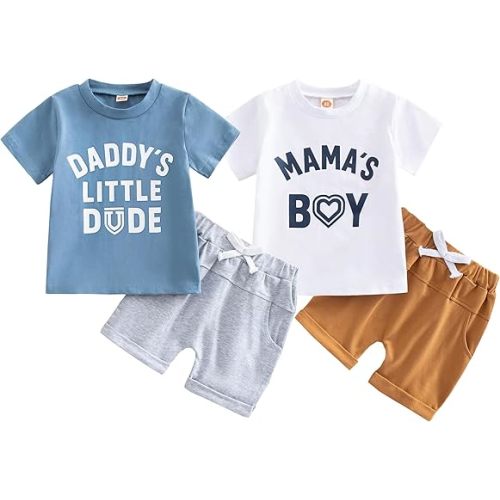 Baby and Toddler Boys 4-Piece Clothes Set, 2-Pack Cotton Short Sleeve Graphic T-Shirts & Shorts Summer Outfit