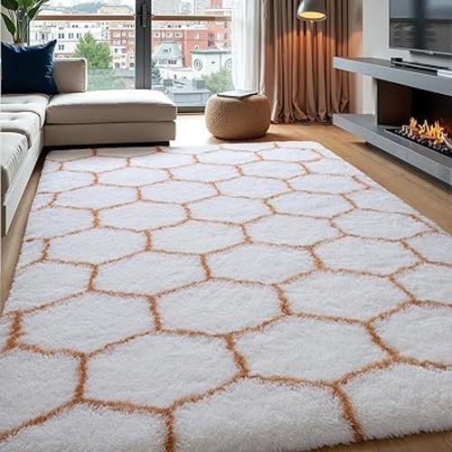 Zentavio Area Rugs for Living Room Large Rugs for Bedroom 6x9 Carpet Fluffy Fuzzy Soft Shag Aesthetic Plush High Pile Throw Rug for Nursery Kids Room Dorm Honeycomb Khaki