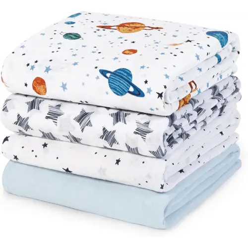 david's kids 4 Pack Baby Muslin Swaddle Blankets, 100% Cotton and Ultra Soft Breathable Receiving Blanket Wrap for Boys Girls, New Born Essentials, Large 47 x 47 inches, Space&Stars