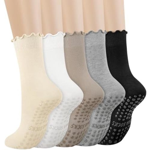 5 Pairs Pilates Yoga Socks with Grips for Women, Cute Cotton Ruffle Frilly Cuff Non Slip Grippy Athletic Crew Socks