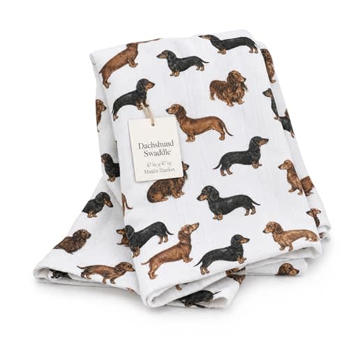 Mud Pie Dachshund Muslin Swaddle Blanket, Baby Receiving Blanket with Watercolor Weiner Dog Print
