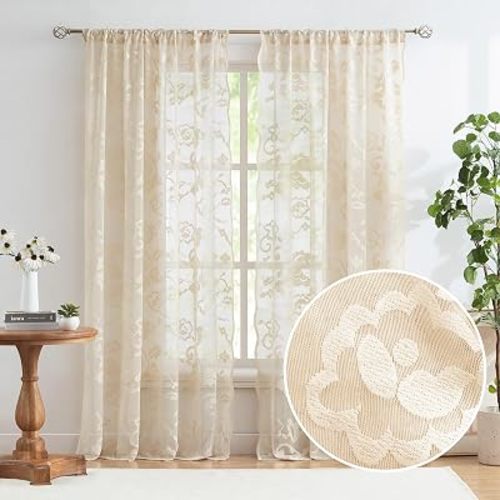 Jubilantex Beige Floral Lace Sheer Curtains with Decorative Scalloped Edge 84 Inches Long for Bedroom Living Room Girl's Room,Set of 2 Panels,52" W