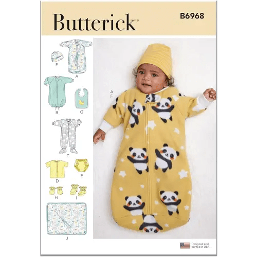 Butterick B6968A Infants' Bunting, Jumpsuit, Shirt, Diaper Cover, Hat, Bib, Mittens, Booties and Blanket Sewing Pattern Kit, Design Code B6968, Sizes XXS-XS-S-M-L