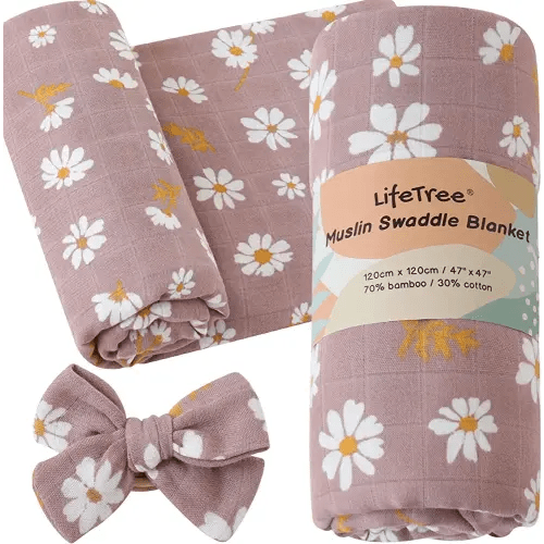 LifeTree Baby Muslin Swaddle Blankets for Boys & Girls, Newborn Swaddle Set with Matching Headband Bow, Neutral Infant Receiving Blanket Swaddle Wrap, 47 x 47 inches, Mauve Daisy, Bamboo Cotton