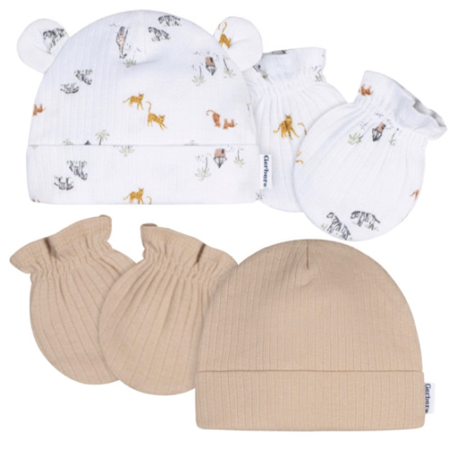 4-Piece Baby Neutral Safari Cap and Mitten Set – Gerber Childrenswear