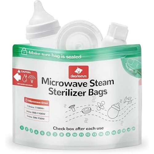 dearlomum Microwave Steam Sterilizer Bag for Baby Bottles 8 Count (20 Uses Per Bag), Reusable Travel Sterilization Pouches, Disinfection Container for Baby Pacifiers and Breast Pump Accessories