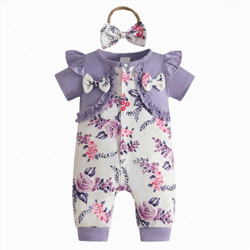 CAICJ98 Newborn Baby Girl Clothes Summer Short Sleeve Romper Floral Bow Short Jumpsuit Infant Cute Spring Outfits (Purple,0-3 Months)