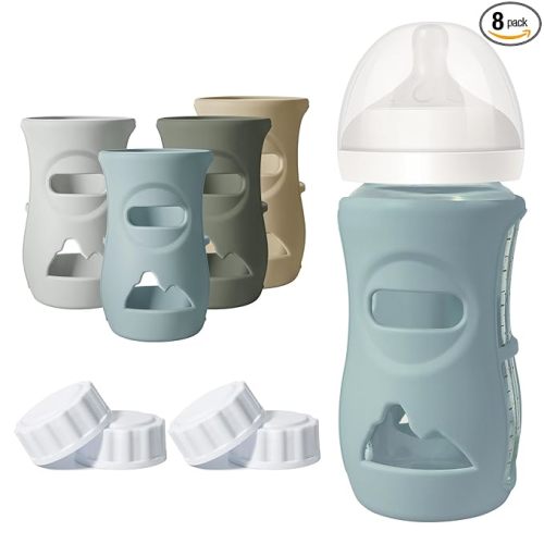 4 Pack Silicone Sleeves for Philips Avent Natural Glass Baby Bottles, Food Grade Silicone Cover and 4pcs Travel Caps, Lids Replacement (Dark Blue+Dark Green+Grey+Beige, 8oz)