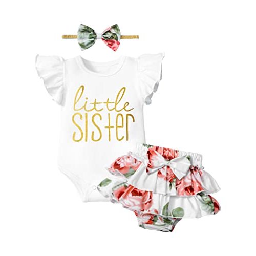 ADIFUN Baby Girl Clothes,Girl Summer Outfit Romper Sets Ruffle Short Sleeve Top+Shorts+ Bow Hairband 3Pcs Set