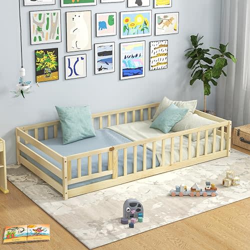 Giantex Twin Floor Bed with Fence for Kids, Wooden Montessori Bed Frame with Lockable Door & Guardrails, Low Floor Beds for Kids, Boys, Girls, No Box Spring Needed, Without Wood Slats, Natural