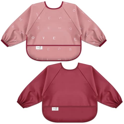 Long Sleeve Baby Bib, Waterproof Fabric, Catch-All Pocket, Baby Smock Bib, Adjustable Sleeves