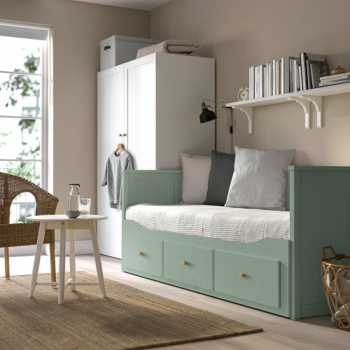 HEMNES Daybed frame with 3 drawers - gray-green Twin