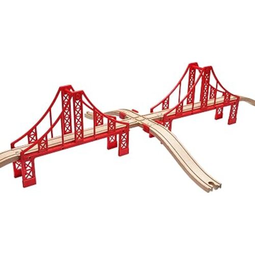 Wooden Train Track Accessories Set, Double Big Red Suspension Bridges Set, Compatible with All Major Brands Track, Christmas Birthday Gift for Boys Girls, Toys Expansion Pack for Kids Ages 3+