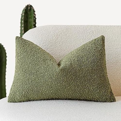 Foindtower Textured Boucle Throw Pillow Covers Accent Solid Lumbar Pillow Cases Cozy Soft Decorative Couch Cushion Case for Chair Sofa Bedroom Living Room Home Decor, 12 x 20 Inch,Green