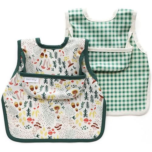 Esembly Bib for Baby, Waterproof 2 pack - Fungi + Verdant Gingham, Size 1