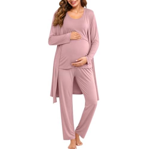 SWOMOG Maternity Nursing Robe Set 3 PCS Women Postpartum Pajamas Breastfeeding Labor Delivery Hospital Pregnancy Pjs