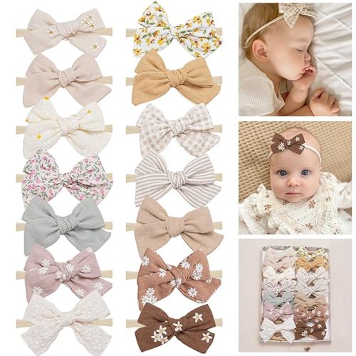 Fancy Clouds Baby Girl Bows and Headbands,14 pcs Stretchy Soft Nylon Hairbands Hair Bows for Newborns, Infants, Toddlers - Handmade Baby Hair Accessories for Girls Gifts