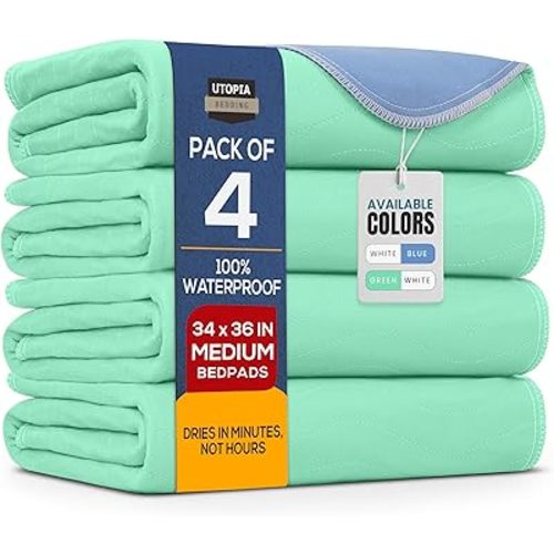 Utopia Bedding Washable Pee Pads for Dogs 34" x 36" (Pack of 4), Waterproof Incontinence Bed Pads for Adults, Elderly and Kids, Heavy Absorbency Pet Training Pads for Sofa and Couch (Green, Blue)