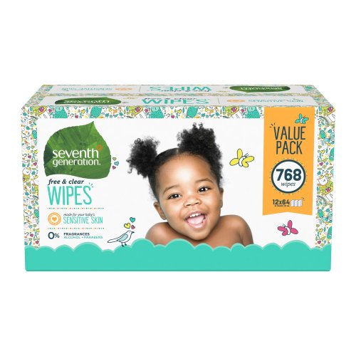 Seventh Generation Baby Wipes, Free & Clear Unscented and Sensitive, Gentle as Water, with Flip Top Dispenser, 768 count
