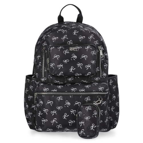 Madden NYC Women's 18.5" Dome Backpack with Front Pocket and Removable Pouch, Black Bow