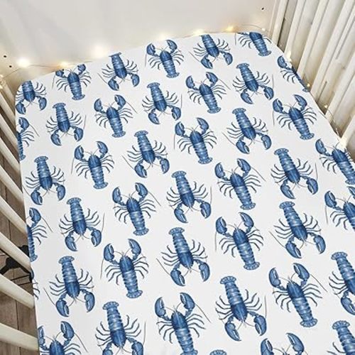 Watercolor Blue Lobster Baby Crib Sheets for Boy Girl 52"x28" Nautical Marine Animal Soft Snug Fitted Crib Mattress Cover Neutral Sea Beach Summer Baby Sheet for Standard Crib & Toddler Bed Mattress